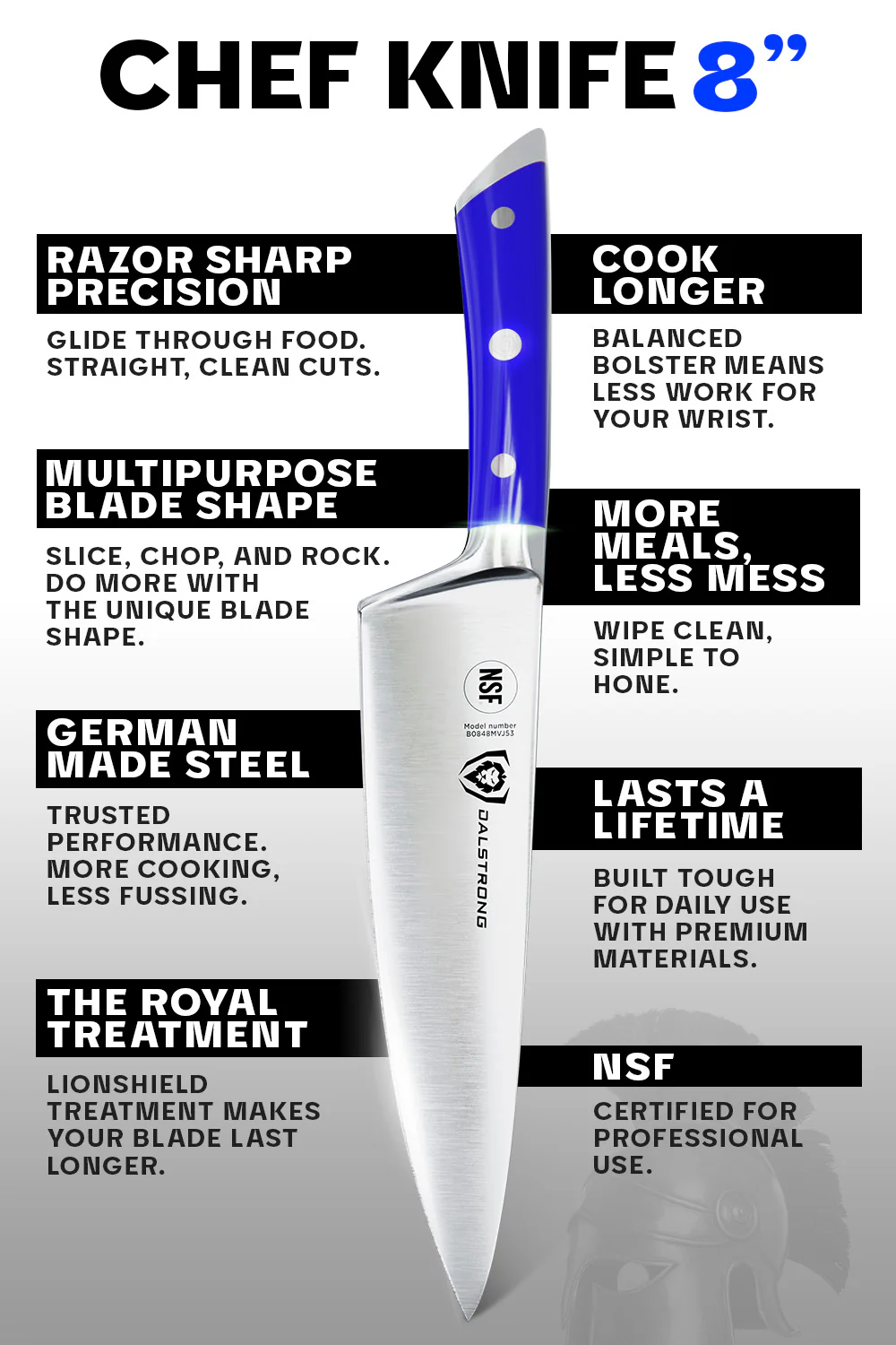 Chef's Knife 8" | Blue Handle | Gladiator Series | NSF Certified | Dalstrong © - Image 6