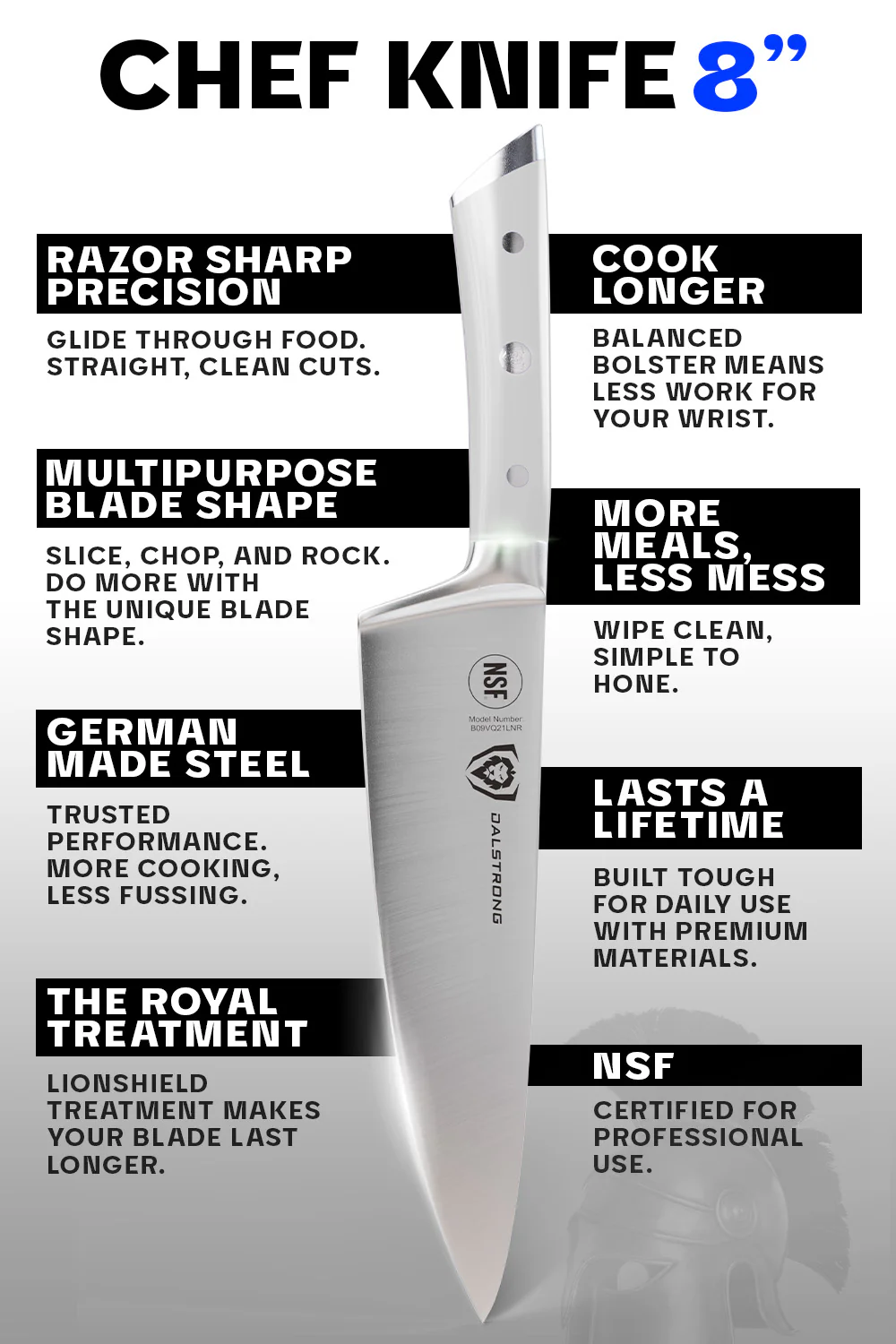 Chef's Knife 8" | Glacial White Handle | Gladiator Series | NSF Certified | Dalstrong © - Image 6