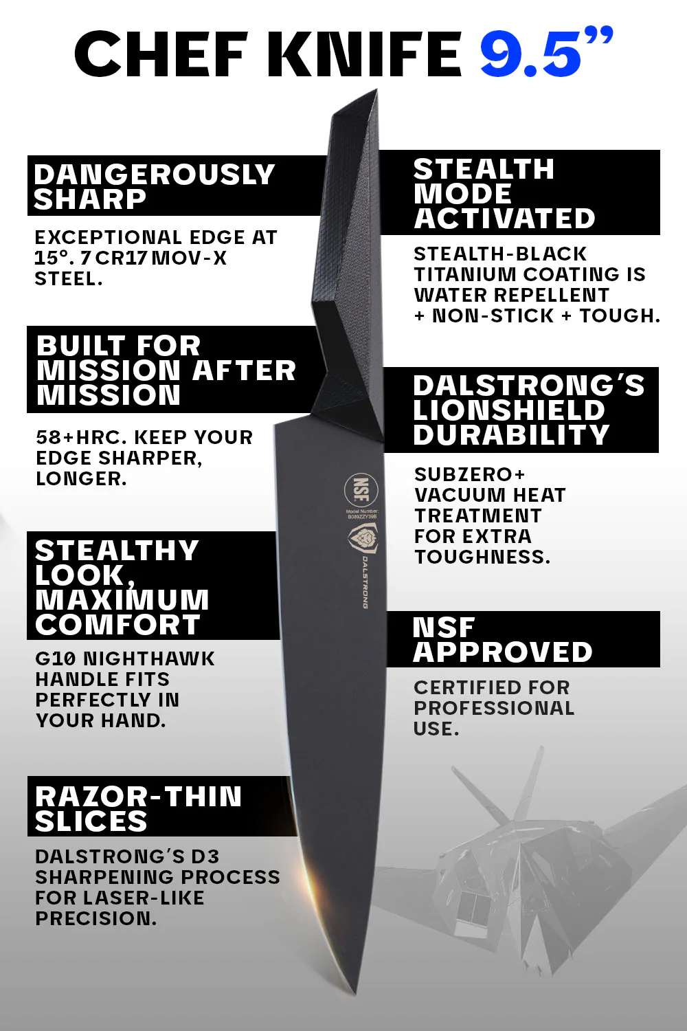 Chef's Knife 9.5" | Shadow Black Series | NSF Certified | Dalstrong © - Image 6